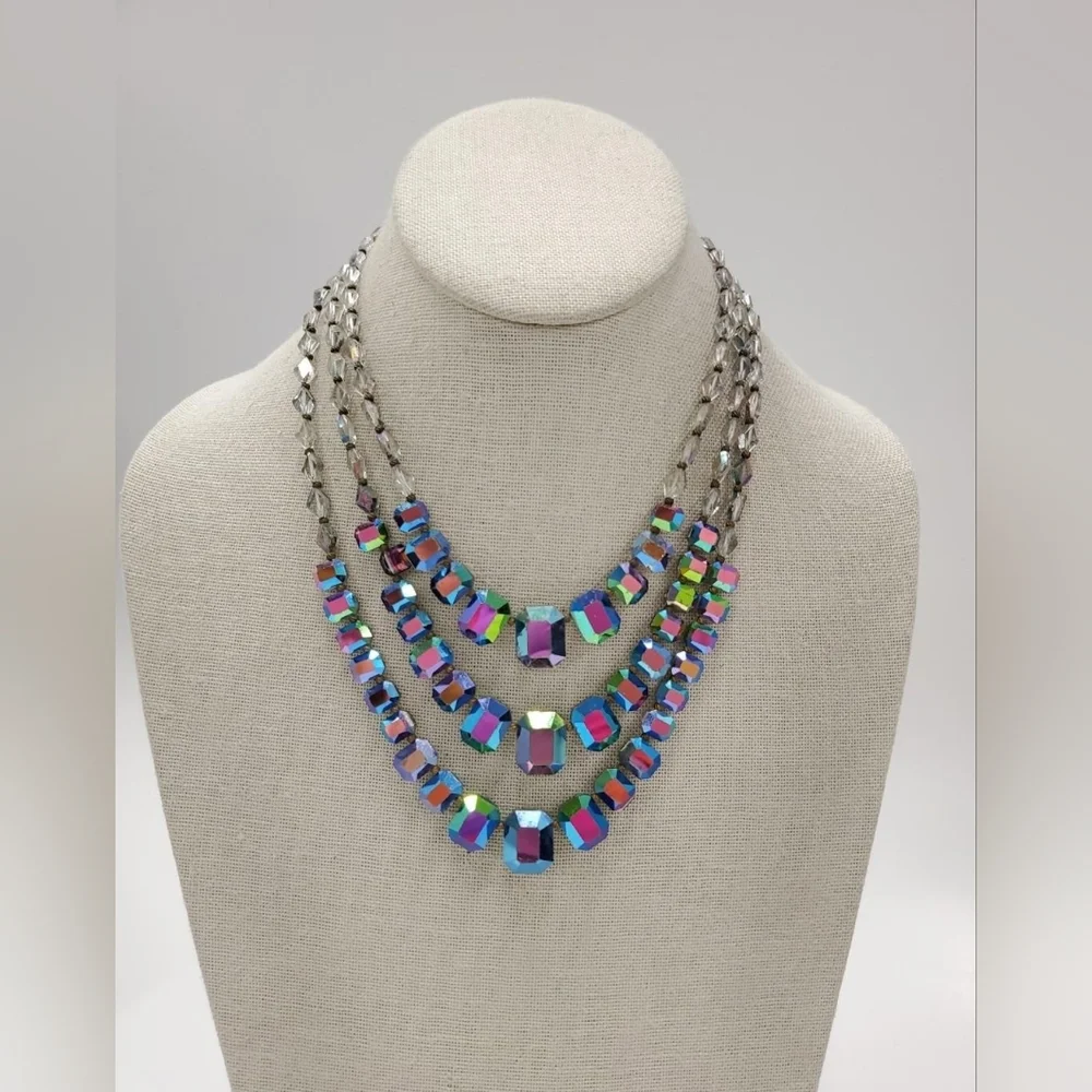 Peacock AB Aurora Borealis Glass Crystal Bead Necklace And Art Class Jewelry Lot